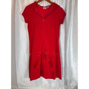 Juicy Couture Terry Cloth Dress Red Short Sleeve Zip Up Hoodie Pockets